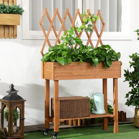 Jardinière surélevée 79x29x130 cm marron en bois avec treillis et étagère de rangement (1/4)