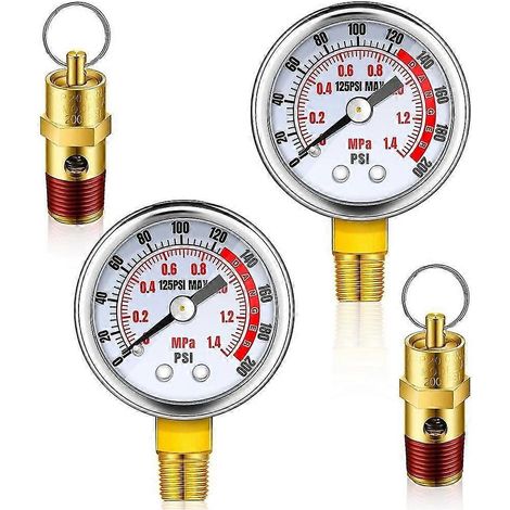 Ensemble de 4 soupapes de sécurité de décharge de pression pour compresseur d'air et manomètre, vanne de réservoir d'air 1/4 po NPT 0-200 p [jkw] (1/5)