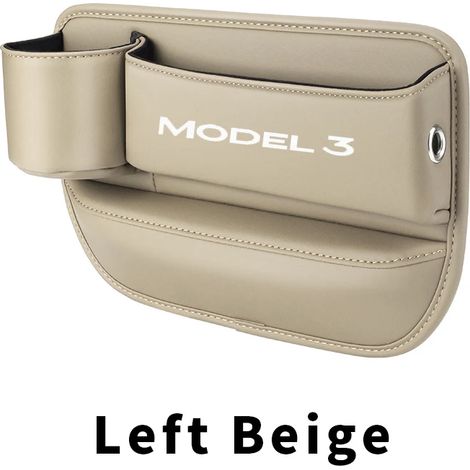 (3-Gauche Beige) Boîte de rangement pour l'espace entre les sièges de Tesla Model 3 et Model Y 2023-2022 - Pochette pour gobelet, téléphone et clés - Accessoires intérieurs en cuir (1/5)