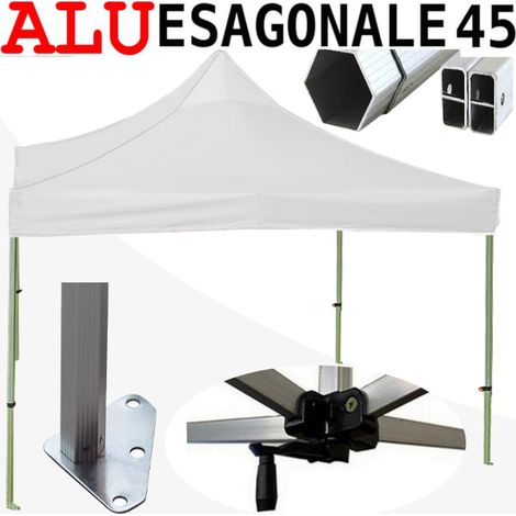Gazebo 3x3 m bianco SENZA laterali pieghevole alluminio piantone esagonale 45mm portatile estendibile richiudibile estensibile acciaio per fiere eventi stand chiosco tenda tendone mercato mercatino (1/5)