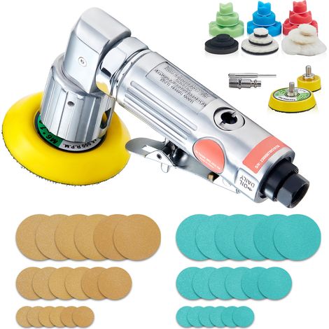 Mophorn Mini-Luftschleifer, 1"/2"/3" Exzenterschleifer, 15.000 U/min Hochgeschwindigkeits-Druckluftschleif-/Poliermaschine, für Karosseriearbeiten, 58-teiliges Set mit gewellten Schwämmen, Wollpad