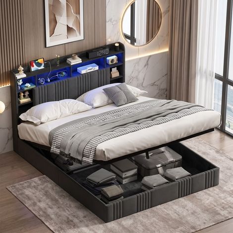 Lit coffre 160x200 cm - Cadre adulte double，sommier à lattes ，tête de rangement bibliothèque led rgb，ports usb usb-c，lin ，style moderne ，Gris (1/5)