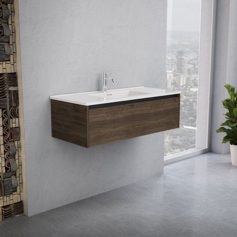 Inda - Badezimmerschrank 1 Schublade B.100 mit glänzendem Waschbecken / Braune Eiche - Smeraldo (1/5)