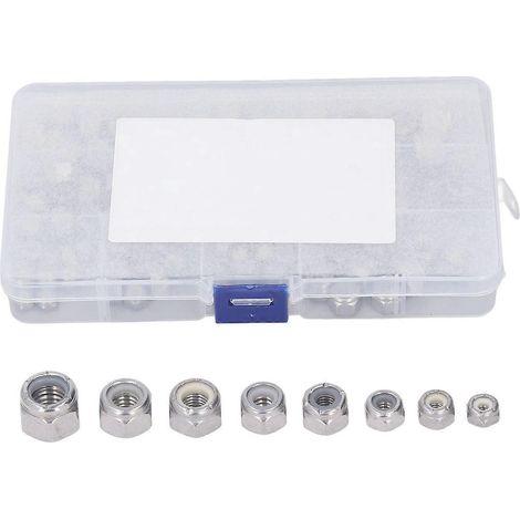 Assortiment de 80 écrous hexagonaux en acier inoxydable 304 avec insert en nylon, 8 versions (1/4)