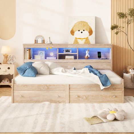 Sofá cama 90x200 cm con LED ambiental, 2 USB, 2 enchufes, cajones y compartimentos, somier de láminas y estructura de tablero y MDF, para dormitorio moderno - CHICFURN (1/5)