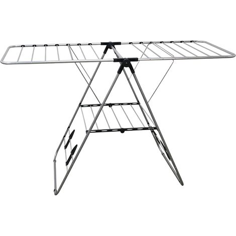 Étendoir Pliable à Ailes Mod. Aeria UrbanDry - Aluminium et Acier - Séchoir à Linge avec étagère - Montage et Pliage faciles - 15 m d’Espace d’étendage - 145x60x95 cm - Couleur Argent/Noir (1/5)