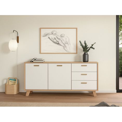 Dmora - Credenza Cybel, Buffet da soggiorno, Madia da salotto, Dispensa da cucina, 147x39 h73 cm, Rovere e Bianco (1/5)