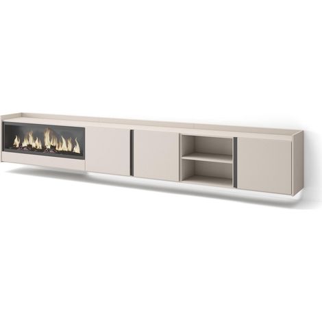 Skraut Home - TV-Schrank, Lowboard, für Wohnzimmer und Esszimmer, 315x35x50cm, Für TV-Geräte bis zu 80", Elektrokamin XXL, Hängend, LED, Moderner Stil, Beige (1/5)