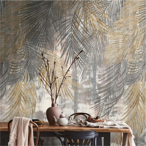 Photo wallpaper Profhome 392611 hot embossed non-woven wallpaper smooth with palm trees matt grey yellow beige white 1.59 m x 2.8 m (1/4)