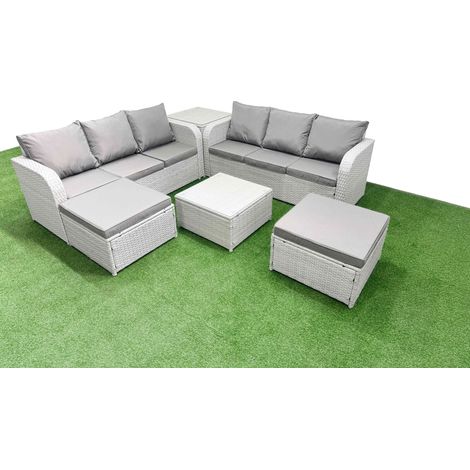Fimous Outdoor Garden Furniture Sets 8 Seater Wicker Rattan Furniture Sofa Sets with Square Coffee Table high Back Lounge Sofa 2 Big Footstool Side Table Light Grey (1/4)