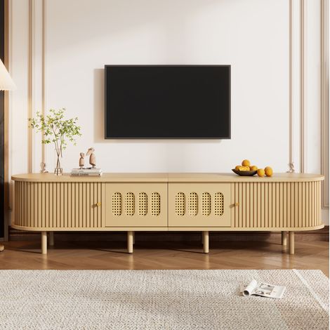Meuble TV 180 x 40 x 40 cm en MDF, bois clair et façades style résine tressée, 2 portes et 2 portes à enroulement, 8 pieds, pour écran jusqu'à 75 pouces - CHICFURN (1/5)