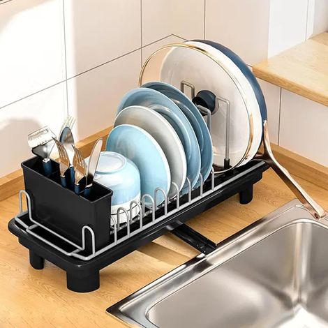 Égouttoir à vaisselle avec bac récupérateur, égouttoir de cuisine avec bec verseur pivotant à 360°, égouttoir d'évier en métal avec porte-couverts - Noir (1/5)