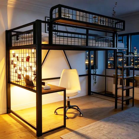 Lit mezzanine métal 90 x 200 cm noir avec bureau, filet de rangement, panier amovible, LED, prise EU, échelle et garde-corps sécurisés (1/5)