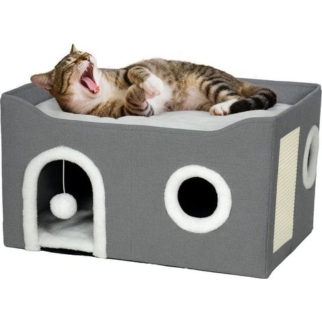 Home foldable for cat with scratching, 3 inputs, ball suspended, cushion reversible in plush and linen, 60 x 40 x 34 cm, gray (1/5)