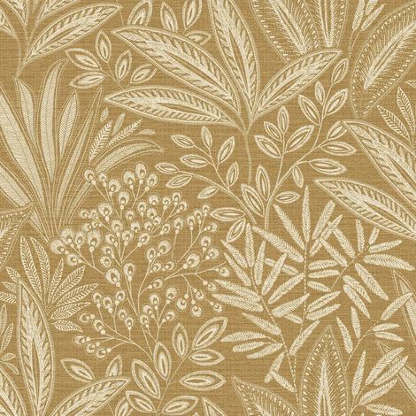 Crown Sahara Leaf Ochre Yellow Wallpaper Botanical Textured Feature Wall (1/4)