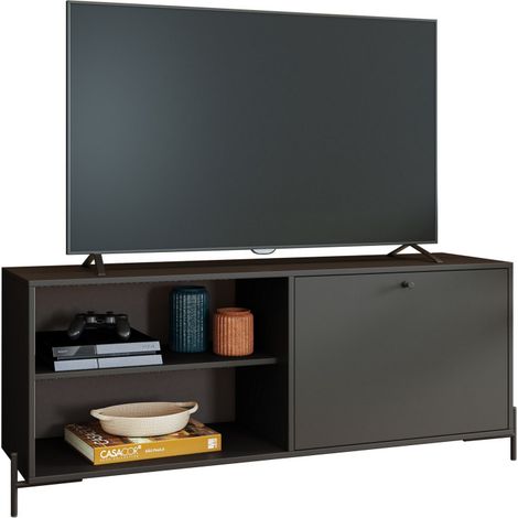Meuble TV Bar 60 Pouces Noir 1 Porte 4 Niches Pieds Métal Ronds L 142 H 56 P 35 cm (1/5)