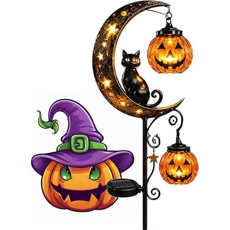 Lampe solaire de jardin Halloween Chat noir citrouille lune lampe décorative chaudron sorcière lanterne citrouille extérieure (1/5)