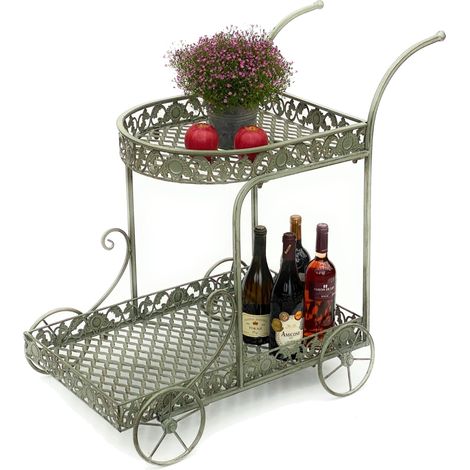 Dandibo – Chariot de service en métal 70 cm 93979 – Desserte de jardin vintage – Roulettes pour mobilité – Poignée 84 cm – Patine verte