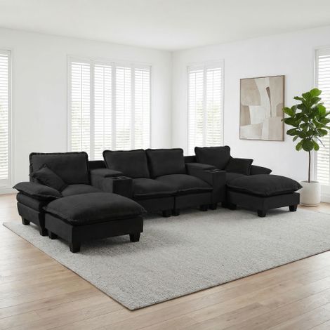 Modulare Cloud-Couch, U-förmiges Segelboot-Sofa mit 2 zentralen Aufbewahrungskonsolen & Getränkehaltern, USB-Anschluss, 2 Ottomanen & 2 Kissen, Chenille-Bezug für Apartments & Wohnzimmer, Schwarz