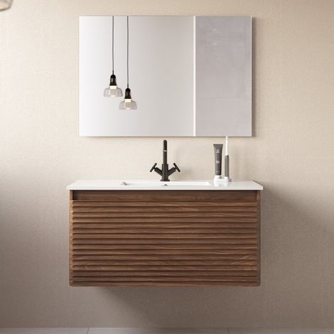 Meuble de salle de bain 100cm simple vasque - 2 tiroirs - noyer (bois foncé) - SUZA