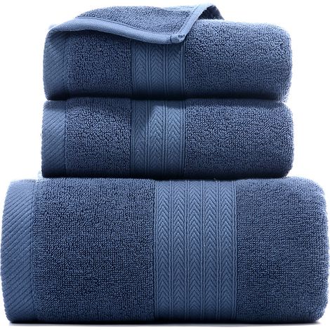 Filiyano-Serviettes familiales, lot de 3, 1 serviette de bain + 2 serviettes de toilette bleues (1/5)