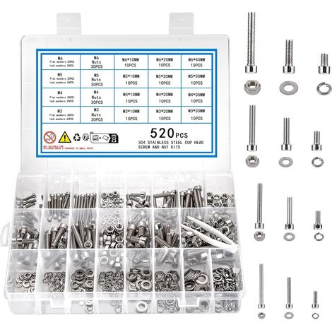 Ensemble de 520 vis, Écrous et Rondelles, Assortiment de Vis en Acier Inoxydable, Vis de Machine et Écrous(520)