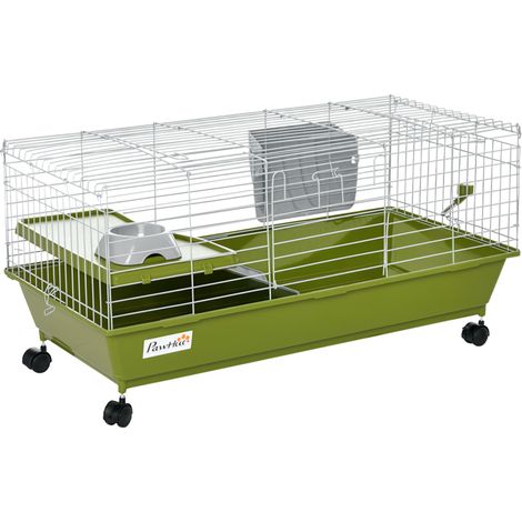 PawHut Small Animal Cage Rabbit Guinea Pigs Chinchillas Cage w/ Wheels Water Bottle Food Dish Platform Ramp 89 x 44 x 43 cm Green (1/5)