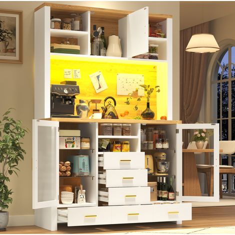 Sideboard MDF blanc et décor bois 120 x 40 x 188 cm, avec rangements, étagères en verre et bande LED (1/5)