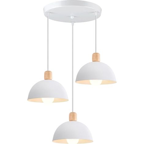 3 Lampes Suspension Luminaire Moderne 20cm Lustre Suspension Rétro Style Scandinave Plafonnier Abat-jour en Bois Métal E27 Éclairage de Plafond pour Chambre Salle à Manger Cuisine (Rond, Blanc)