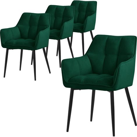 ML-Design Esszimmerstühle 4er Set aus Frotteestoff, Dunkelgrün, Küchenstuhl dickem gepolsterter Sitz & Metallbeinen, Wohnzimmerstuhl mit Rücken- und Armlehnen, Polsterstuhl, Ergonomischer Loungesessel