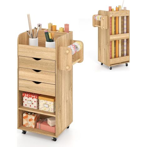 COSTWAY Cassettiera con 3 Cassetti e Mensole, Armadietto con Ruote, Ideale per Camera da Letto Bagno Cucina, 48 x 33 x 86 cm (Naturale) (1/5)