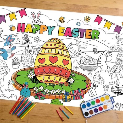 Affiche Géante de Pâques à Colorier 180x80 cm –Nappe en Papier à Colorier Pâques pour Enfants avec Lapins et Œufs, Poster de Graffiti pour Murale et Table, Décoration de Paques DIY (Style A) (1/5)