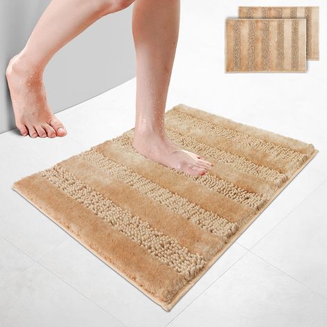 VOUNOT® 2er-Set Chenille Badematte Rutschfeste, Mikrofaser Badezimmerteppich 50x80cm Beige