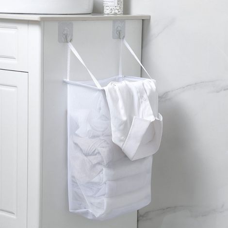 Panier À Linge Mural - Filet Respirant - Pliable - Pour Salle De Bain - Capacité Élevée - Blanc - 24 X 14 X 40 Cm (1/5)