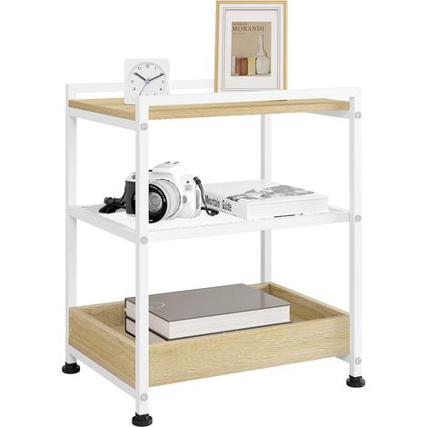 WOLTU Tavolino da Salotto a 3 Ripiani. Tavolino da Divano con Rotelle. Vassoio Rimovibile e Piedini. Mobiletto per Soggiorno. Camera da Letto. in Legno e Metallo. Rovere Chiaro e Bianco (1/5)