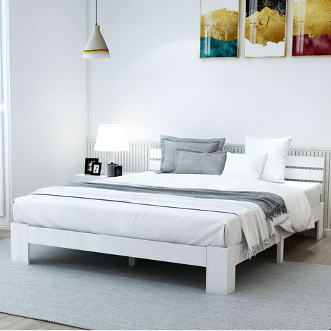 Cama doble 140/200 cm blanco de madera maciza con cabecero y somier de láminas (1/5)