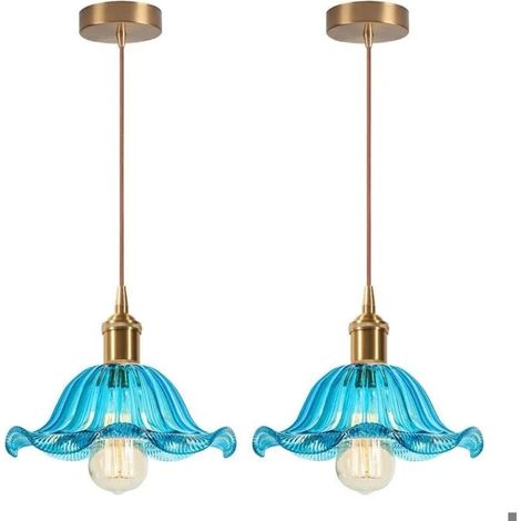 2x Lustre Moderne,E27 Suspension Luminaire Industriel en Verre Design Fleurs Bleu Lampe de Plafond Vintage Reglable pour Salon (1/5)