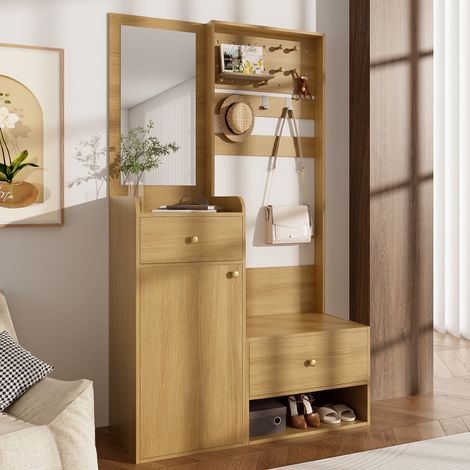 Kompaktgarderobe, modernes multifunktionales Eingangsregal mit Spiegel, verstellbaren Haken und großzügigen Ablagen, Holzoptik, 105 cm