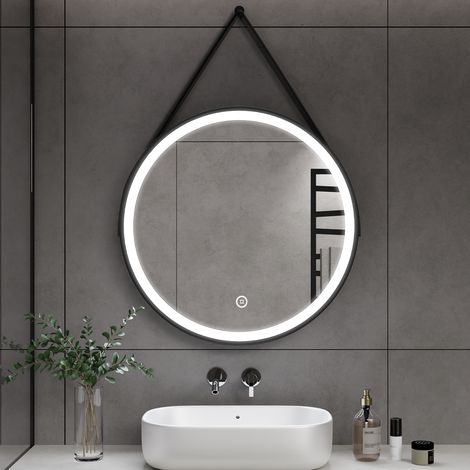 Heilmetz – Miroir lumineux de salle de bain rond 60 cm – Éclairage LED 6500K – Interrupteur tactile – IP44 – Design industriel