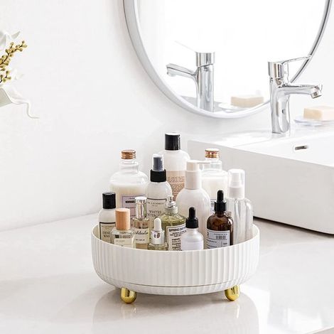 Organisateur de parfums/cosmétiques rotatif à 360° - Organisateur de maquillage - Organisateur de salle de bain/cuisine - Multifonctionnel - Plateau tournant - Rotation à 360° - Blanc et or (1/5)