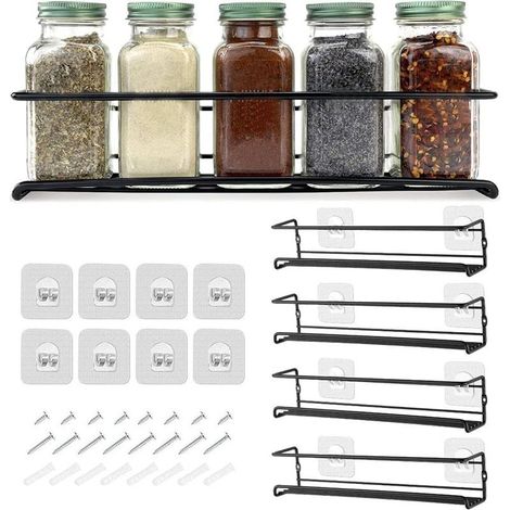 Étagère à Épices Mural en Acier Inoxydable Porte Épices de Cuisine Adhésif sans Perçage Idéal pour Bocaux à Épices Organisateur d'Épices 29X6X6cm (Noir, Ensemble 4 pièces) (1/3)