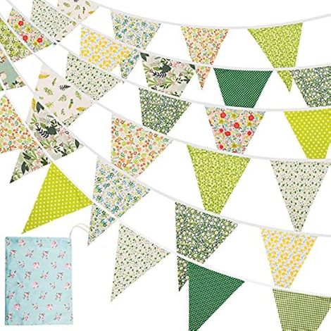 15M/50Ft Guirlande en Tissu, 45 Fanions Coton Vintage Floral Triangle pour Décoration Extérieure Nol Jardin Anniversaire (Vert) (1/5)