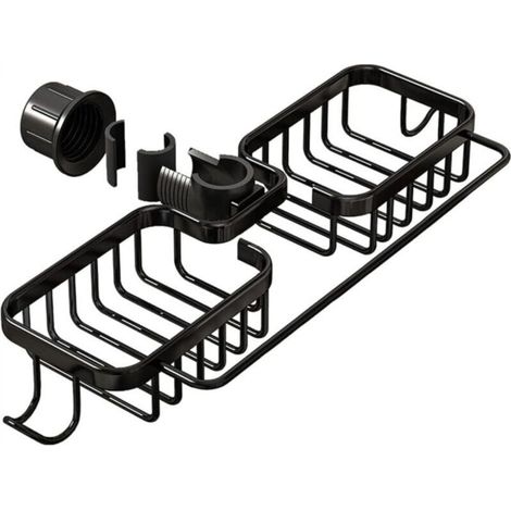 Black double shower shelf 36 x 13 x 3.9 cm, 1 aluminum shower soap dish, no drilling required, kitchen drain basket (1/5)