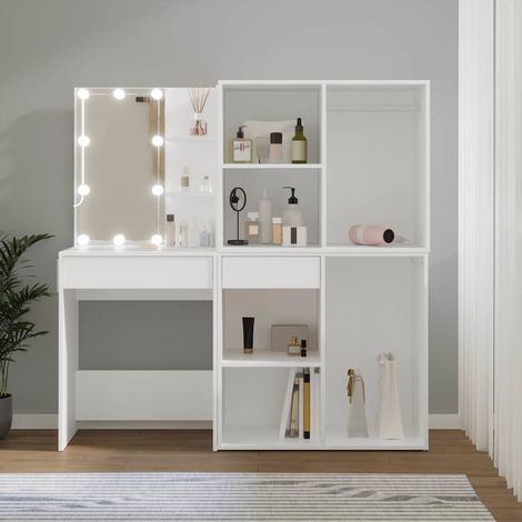 Coiffeuse avec miroir LED et 2 armoires, bois d’ingénierie blanc - PANGIVO (1/5)