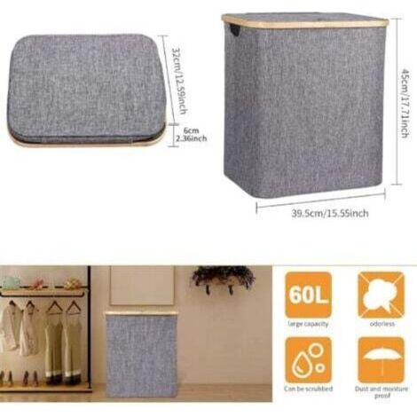 NALOOKAMIC Panier à Linge 60L Corbeille à Linge Pliable Panier à Linge en Bambou Boîte à Linge avec Couvercle & Poignée, Panier à Linge Sale Rectangulaire pour Sale Vêtements, 40X33X45CM Gris Foncé (1/3)