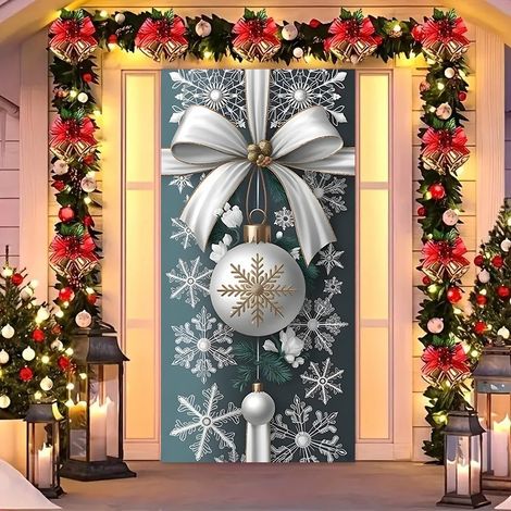 Rideau de porte de Noël 2026, bannière extérieure avec fond photo Père Noël et chien, tissu à suspendre - 90 x 180 cm (œillets + ruban) - 12