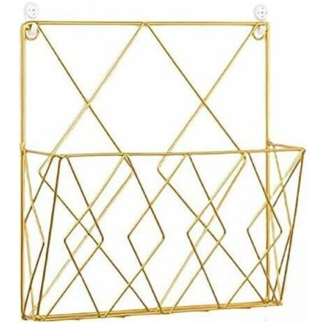 Hanging Magazine Rack Metal Magazine Holder, Newspaper Rack Newspaper Basket Wall Mounted Magazine Holder with 2 Hooks for Magazines, Books and Office Documents (Gold) (1/4)