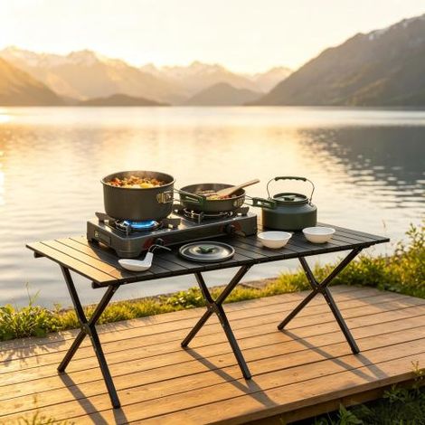 Batterie de cuisine de camping 11 pièces en aluminium, comprenant des casseroles avec sac et poignées résistantes à la chaleur, tables non incluses – 11 pièces, sur place (1/5)