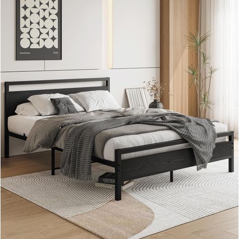 Struttura letto matrimoniale 140x200 cm in metallo e MDF nero con rete a doghe e vano contenitore (1/5)