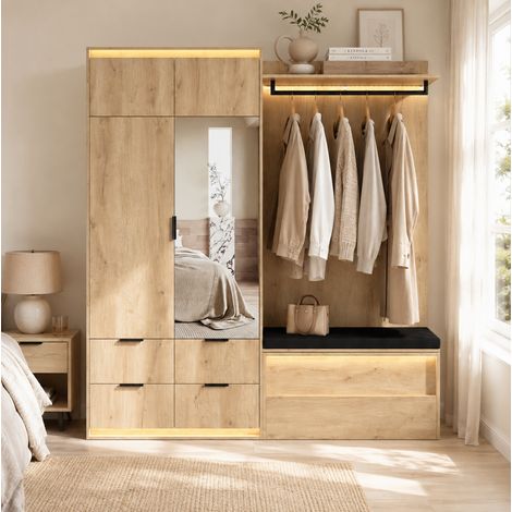 Ensemble de meubles d'entrée avec miroir, banc rembourré, 4 tiroirs et LED, MDF chêne anthracite (1/5)
